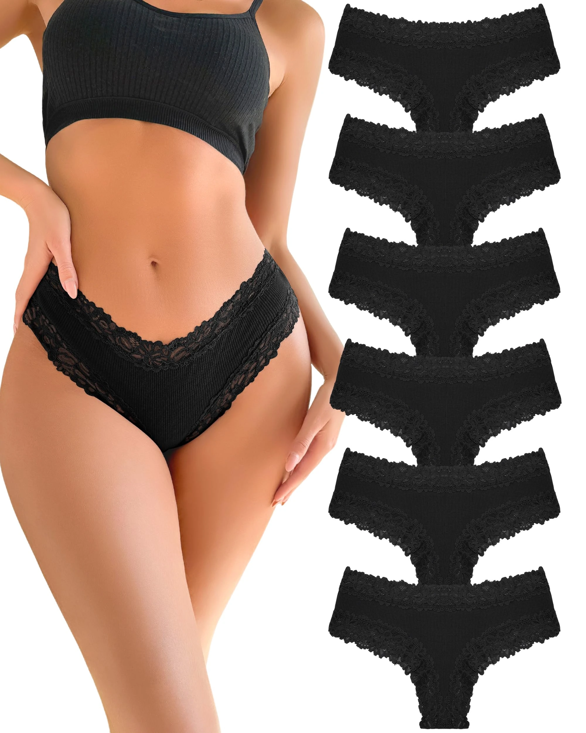 FINETOO Cotton Lace Underwear Women Brazilian Knickers for Women 6 Pack Sexy Knickers Multipack Soft Stretchy Ladies Briefs Comfort Hipster Panties Size S-XL