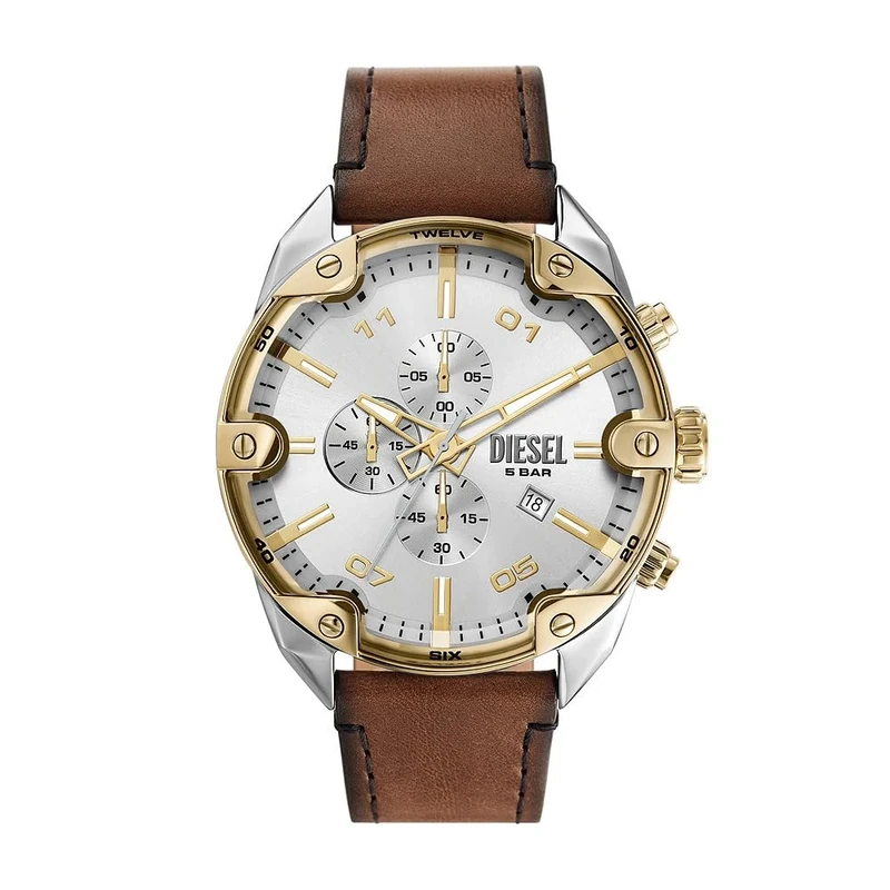 Diesel Spiked Watch for Men, Chronograph Movement with Silicone, Stainless Steel or Leather Strap, Brown and Silver Tone, 49MM