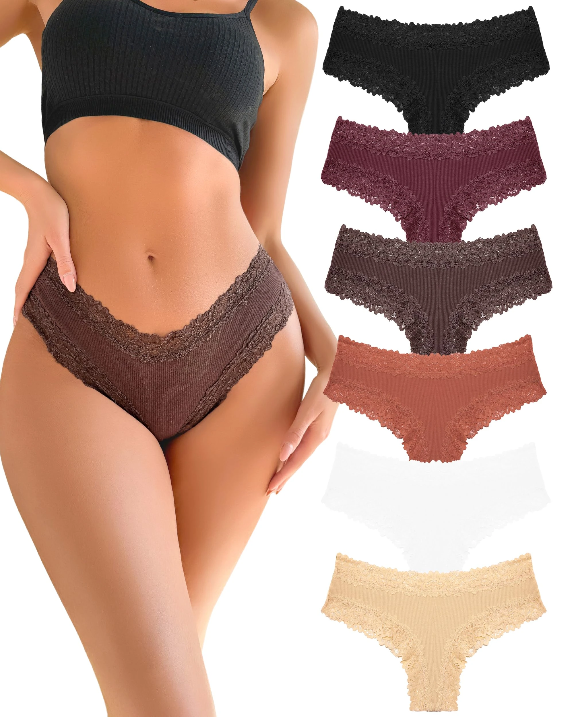 FINETOO Cotton Lace Underwear Women Brazilian Knickers for Women 6 Pack Sexy Knickers Multipack Soft Stretchy Ladies Briefs Comfort Hipster Panties Size S-XL