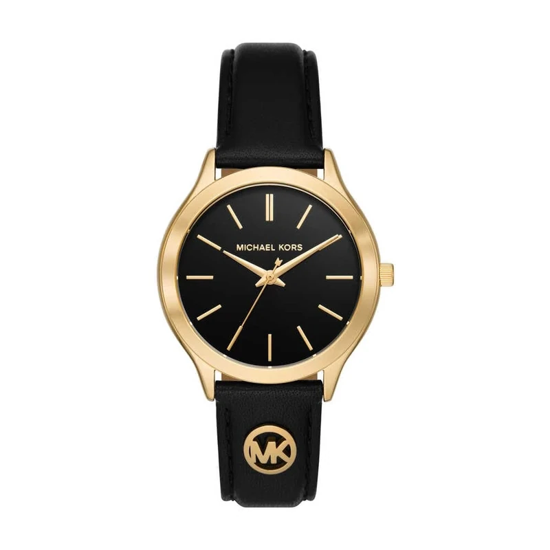 Michael Kors Slim Runway Watch for Women, 38mm Quartz Three Hand Movement with Leather Strap, Black, 38 mm