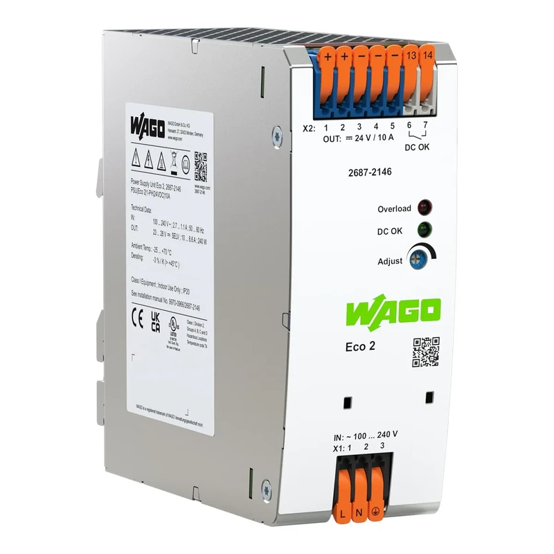 WAGO ECO2 Compact Power Supply, 1-Phase, 24VDC, DIN-rail, 10A (Pack of 1)