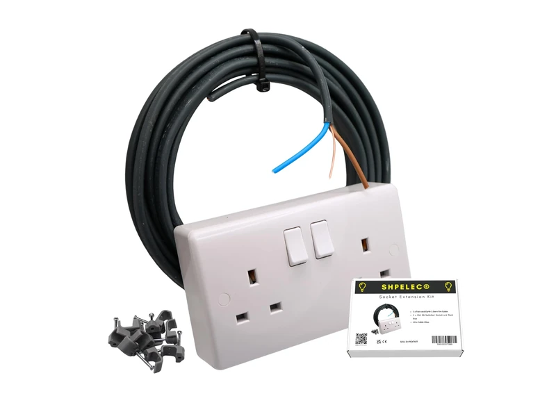 SHPELEC® 13A Socket Extension Kit c/w 10m BASEC Electrical Twin & Earth 6242YH Cable, 2 Gang Socket, PVC Back Box, Mains 230V
