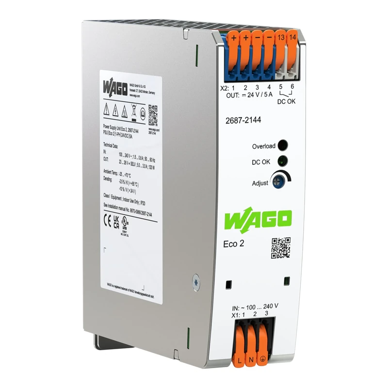 WAGO Compact Power Supply ECO 2687-2144, 1-Phase, DIN-rail, 24 VDC, 5 A, DC OK contact