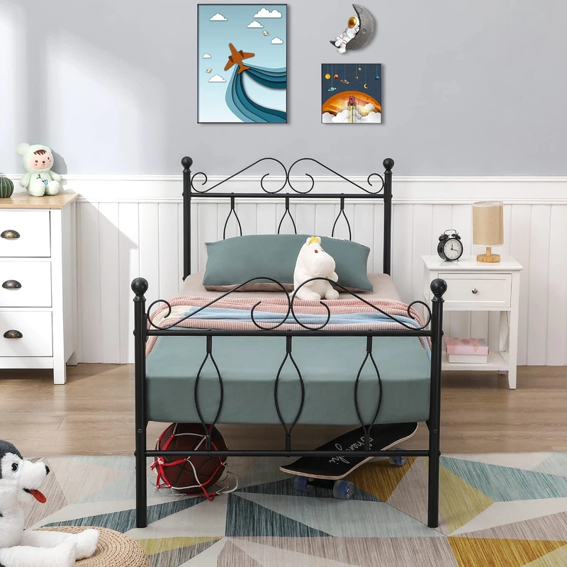 FurnitureR Metal Bed Frame 28 cm Underbed Storage Simple Design Metal Bed Frame Suitable for 90 x 190 Mattress, Non-Slip and Noise-Free, Black, 197X91.5X95.5CM