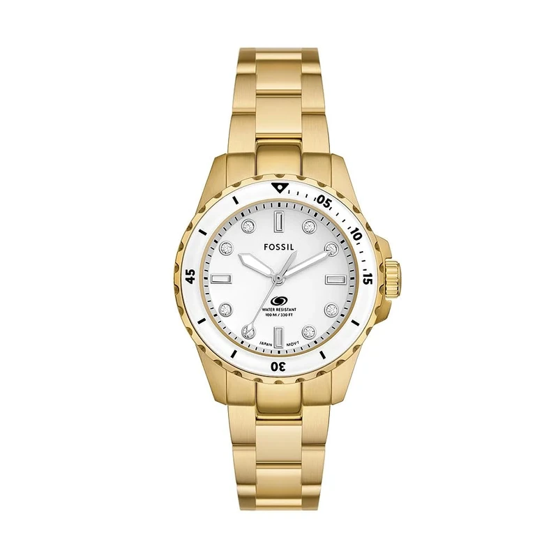 Fossil Blue Dive Watch for Women, Quartz Movement with Stainless Steel or Leather Strap, Gold Tone and White