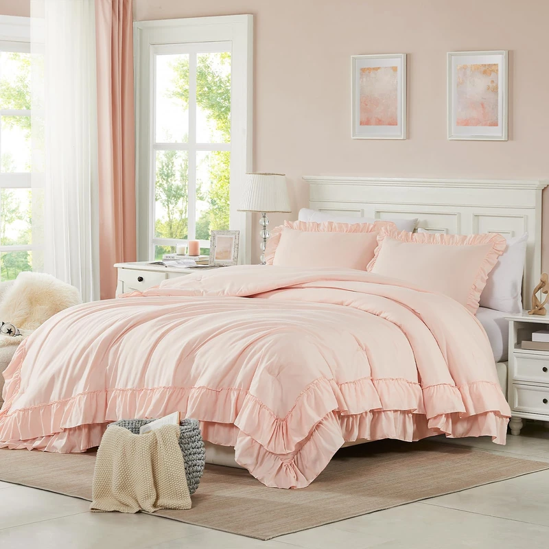 Cupocupa Blush Pink Comforter Set Queen, 3Pcs Comforters Queen Size Ruffle Farmhouse Bedding Sets Queen with Comforter, Lightweight Soft Shabby Chic Bedding Comforter Set Fluffy for All Season