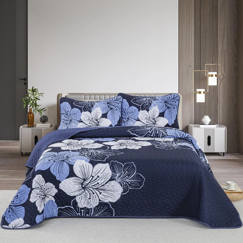 DJY 3 Pieces Quilt Set California King Navy Blue Floral Pattern Quilt Coverlet Set Gorgeous Boho Bedspread with 2 Pillow Cases Cozy Botanical Bedding Quilt Set for Teens Adults 106"x 96"