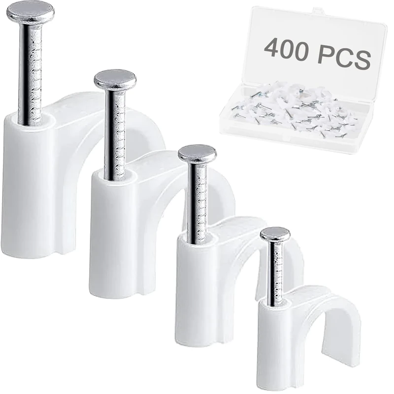 400pcs Cable Nail Clips with Storage Box, 4 Size(4mm 6mm 8mm 10mm) Durable Round Nails Cable Clips, Wire Tidy Clips Pins Cable Tacks for Ethernet, Electrical Cables, Wires