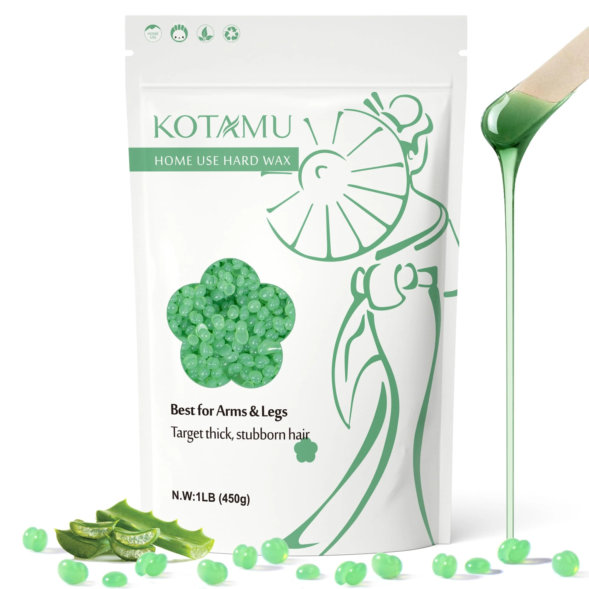 KOTAMU Wax Beads 450g Aloe Vera Hard Wax Beans for Hair Removal, Sensitive Skin Waxing Beads for Women & Men Thick & Stubborn Hair, Hardwax Refill for Arms Legs Face Brazilian Bikini Home Waxing