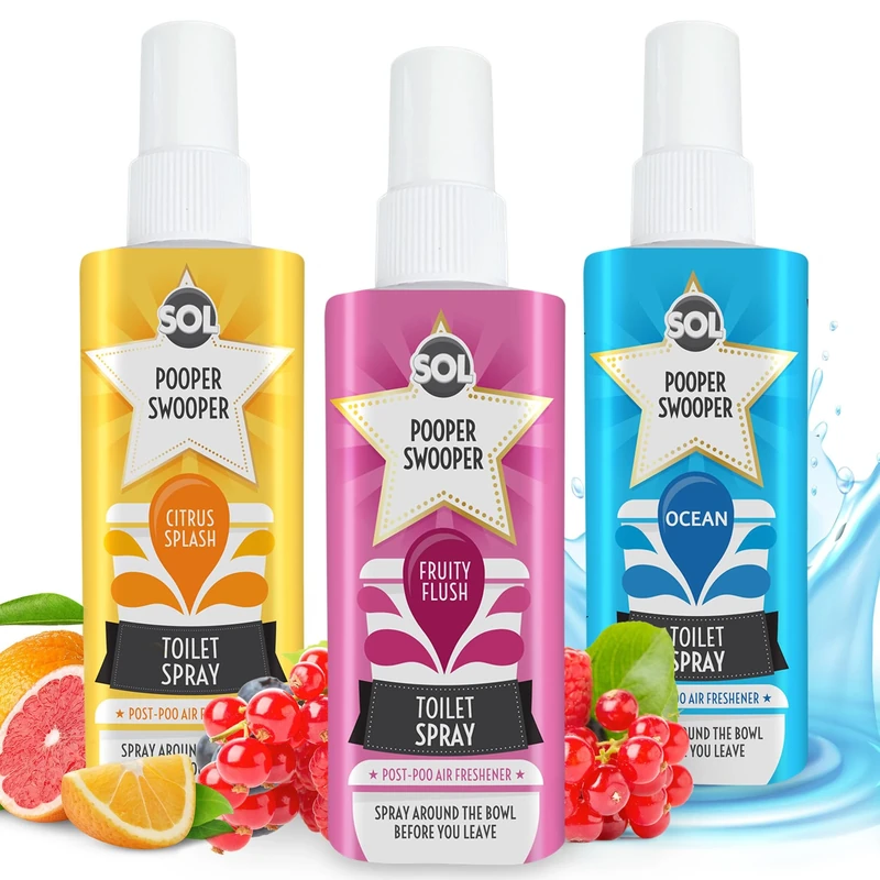 SOL 3pk x 60ml Pooper Swooper Toilet Spray Citrus, Fruity & Ocean Scent 1,000+ Sprays per Pack, Poop Air Freshener Refresher for Public Bathroom, Home, Travel-Friendly Cleaning Solution for Poo Odours