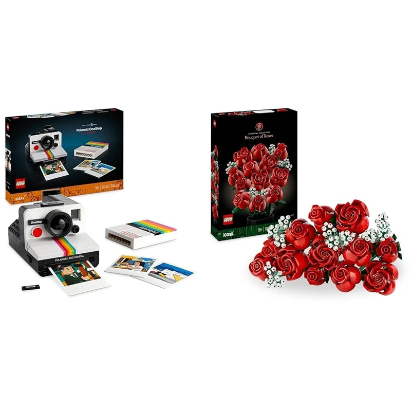 LEGO Ideas Polaroid OneStep SX-70 Camera Vintage Model Kit for Adults to Build & Icons Bouquet of Roses, Artificial Flowers Set for Adults, Botanical Collection