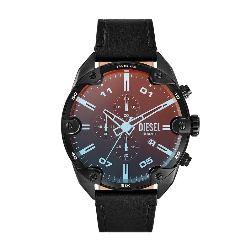 Diesel Spiked Watch for Men, Chronograph Movement with Silicone, Stainless Steel or Leather Strap, Black and Spectrum, 49MM