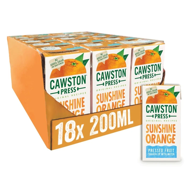 Cawston Press Sunshine Orange Fruit Water for Kids | No Added Sugar | Pressed Orange Flavoured Drink | 200ml Cartons (Pack of 18) | Vegan, School Approved, Ideal for Lunchboxes