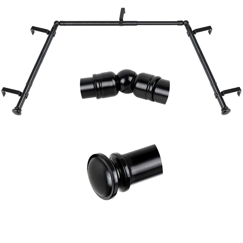 TONIAL Bay Window Curtain Rods, 32 to 86 Inch Center Rod, 32 to 58 Inch Side Rods, 3/4 Inch Decorative Drapery Rods with Small Cap Finial, Black