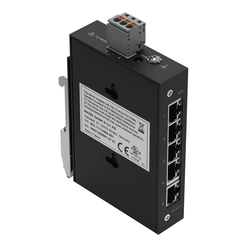 WAGO Industrial ECO Switch 852-1111, with 5 10/100/1000 Mbit/s ETHERNET Ports Autonegotiation and Front-Panel Diagnostic LEDs, Supports up to 8000 Absolute MAC Addresses - Image 1