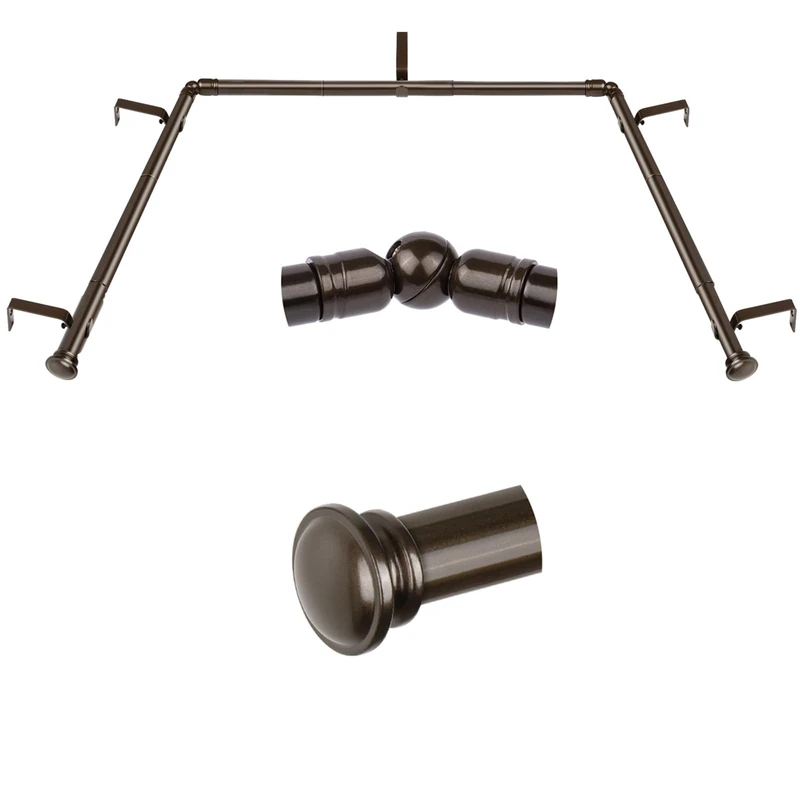 TONIAL Bay Window Curtain Rods, 32 to 86 Inch Center Rod, 20 to 82 Inch Side Rods, 3/4 Inch Decorative Drapery Rods with Small Cap Finial, Bronze