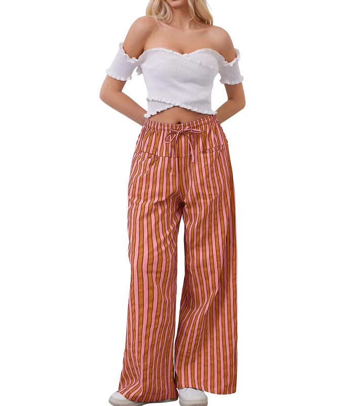 AIHUKOCY Women Drawstring Stripe Wide Leg Casual Trousers Striped Low Rise Casual Loose Lounge Pants with Pockets, Red, Large - Image 1