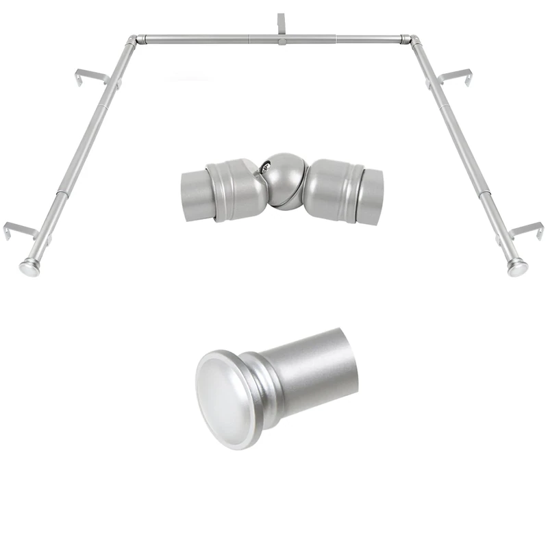 TONIAL Bay Window Curtain Rods, 32 to 86 Inch Center Rod, 20 to 84 Inch Side Rods, 3/4 Inch Decorative Drapery Rods with Small Cap End, Silver