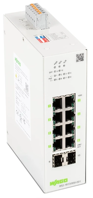 WAGO Industrial Switch 852-1813, with 8 10/100/1000 Mbit/s ETHERNET Ports Autonegotiation and Front-Panel Diagnostic LEDs, 2 x SFP Slots for Fiber Optics, Supports Power over Ethernet - Image 1