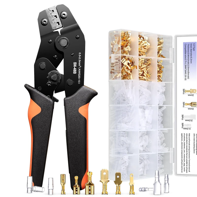 PotentForce Crimping Tool Set - 600pcs Crimp Connectors for 0.5-2.5mm²/AWG 22-16 Wire, Suitable for 2.8mm, 4.8mm, 6.3mm Spade Connectors