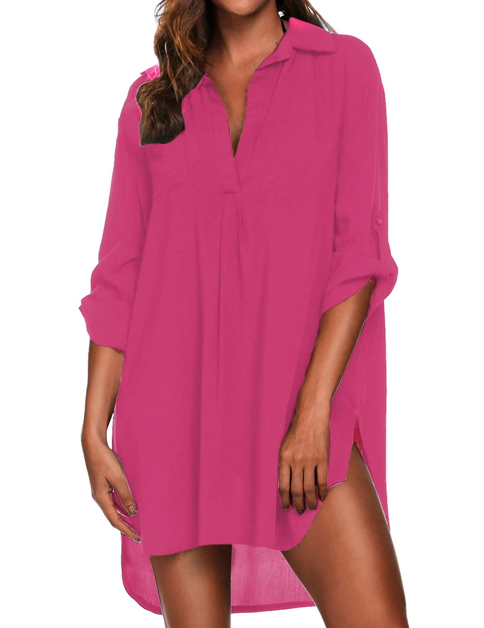 Ekouaer Ladies Beach Cover Ups Women's Swimsuit Bikini Summer Shirt Ladies Beach Dress Beachwear Bathing Suit, Hot Pink, L