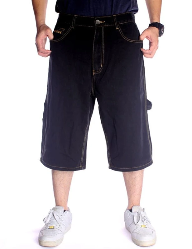 Kinghua Baggy Jean Shorts for Men Casual Loose Fit Hip Hop Skateboard Denim Shorts, Black 025-1, 46