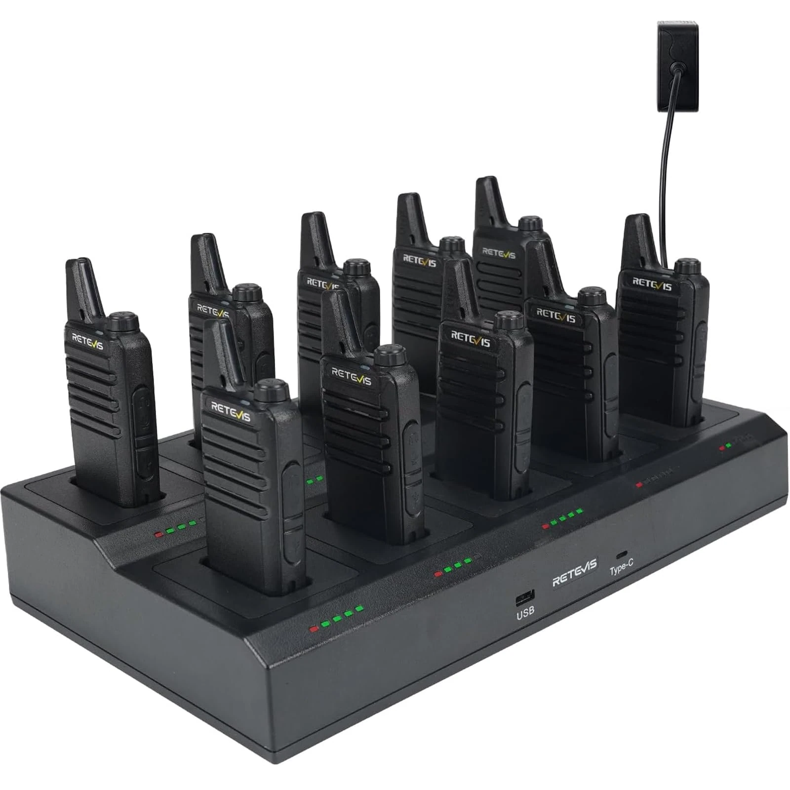 Retevis RT622 Walkie Talkie, 113g Compact 2 Way Radio, 10-in-1 Charging Base, Portable Radio Back Clip, 5 LED Indicators, PMR446 Walkie Talkies for Adults for Hospitality, Restaurant (Black, 10 Pack)