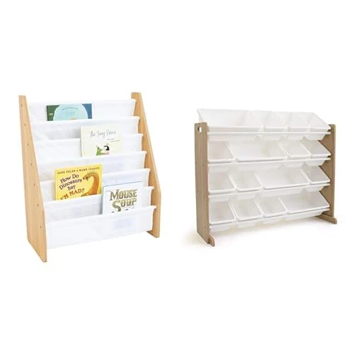 Humble Crew Journey Wooden Bookshelf and Toy Storage Organiser Extra Large Furniture Set for Children, 6 Tier Book Storage, Toy Storage Organiser with 16 Storage Bins - Natural Wood/White