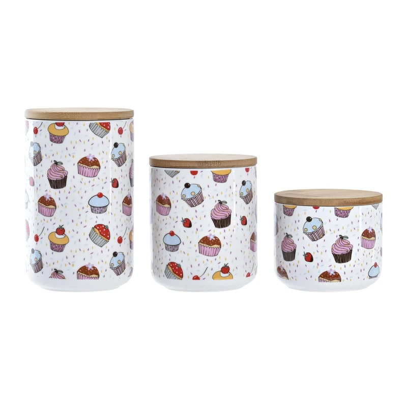 Bote Set of 3 Bamboo Stoneware 10 x 10 x 17 cm Multi-Coloured - Image 1