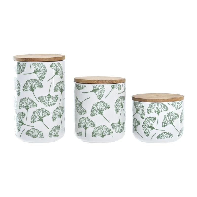 Bote Set of 3 Bamboo Stoneware 10X10X17 HOJAS 12.5/9 Green - Image 1