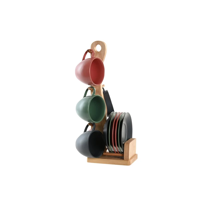 Cafe Set of 6 Stoneware Rubberwood 16 x 17 x 35 cm, 150 ml, Green
