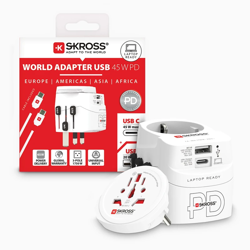 SKROSS PRO Light AC45PD - World, Universal Travel Adapter with Fast Charging, 1 USB C and 1 USB A Port, International Adapter for UK, EU, USA, AUS & More. 160cm Cable Included
