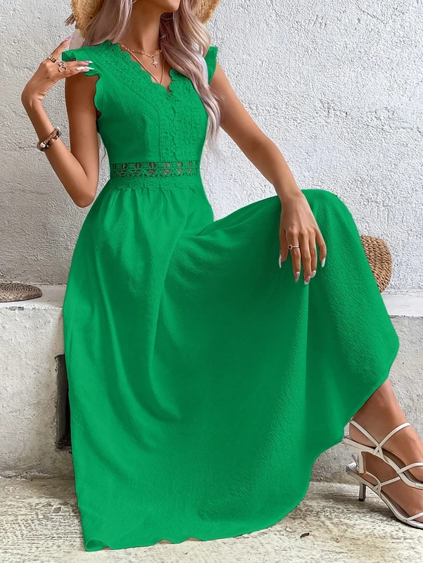 Guipure Lace Panel Ruffle Trim Dress (Color : Green, Size : Small) - Image 1