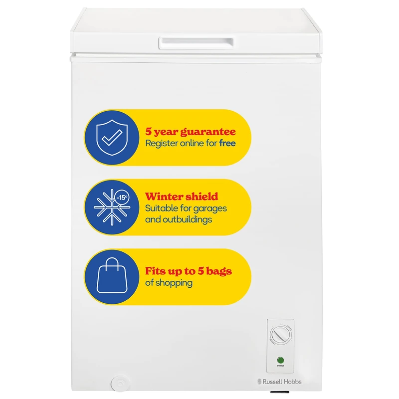 Russell Hobbs White Chest Freezer 99L Freestanding with Adjustable Thermostat & Feet, Chill or Freeze Function, 4 Star Freezer Rating & Suitable for Outbuildings & Garages RH99CF0E1W