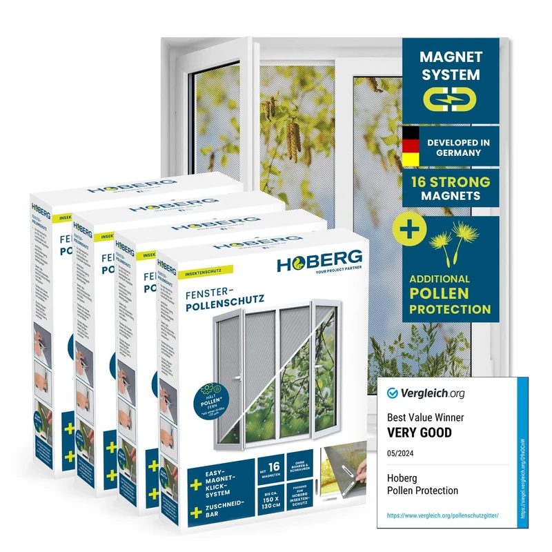 Hoberg Window Pollen Screen with Innovative Magnetic Attachment | Fly Net up to 150 x 130 cm Individually Cut to Size, no Drilling and screwing | Mosquito Net Attach with 16 Magnets [4 Pieces]