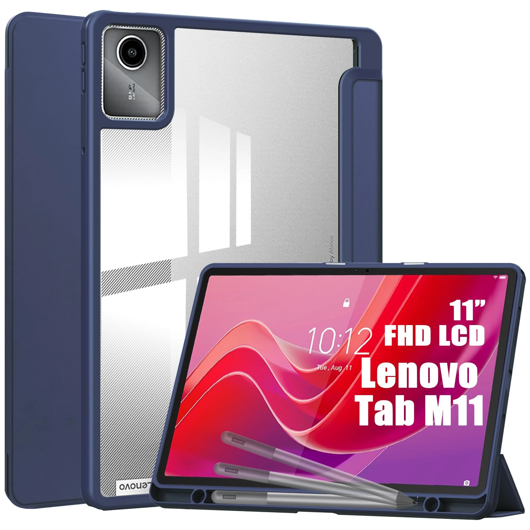 idudao Premium Hybrid Case for Lenovo Tab M11, Hard Shell Cover with Pen Holder Clear Back for 11 inch 2024 TB330FU Tablet PC, Drak Blue