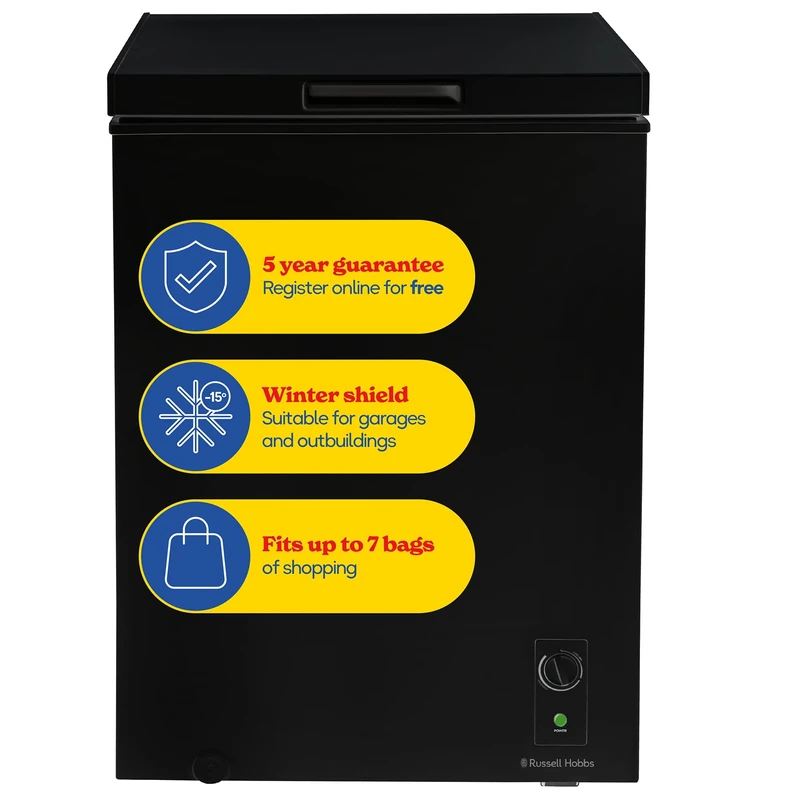 Russell Hobbs Black Chest Freezer 143L Freestanding with 5 Year Warranty, Adjustable Thermostat, Chill or Freeze Function, 4 Star Freezer Rating & Suitable for Outbuildings & Garages RH142CF0E1B