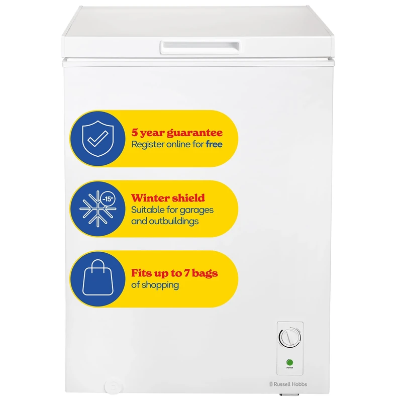 Russell Hobbs White Chest Freezer 143L Freestanding with 5 Year Warranty, Adjustable Thermostat, Chill or Freeze Function, 4 Star Freezer Rating & Suitable for Outbuildings & Garages RH142CF0E1W