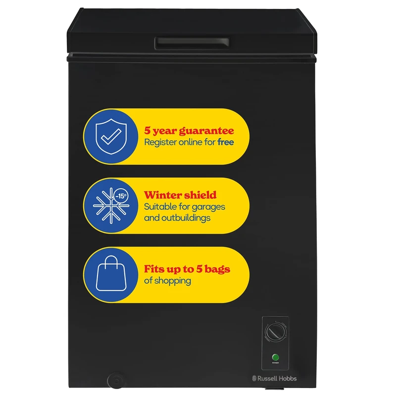 Russell Hobbs Black Chest Freezer 99L Freestanding with Adjustable Thermostat & Feet, Chill or Freeze Function, 4 Star Freezer Rating & Suitable for Outbuildings & Garages RH99CF0E1B
