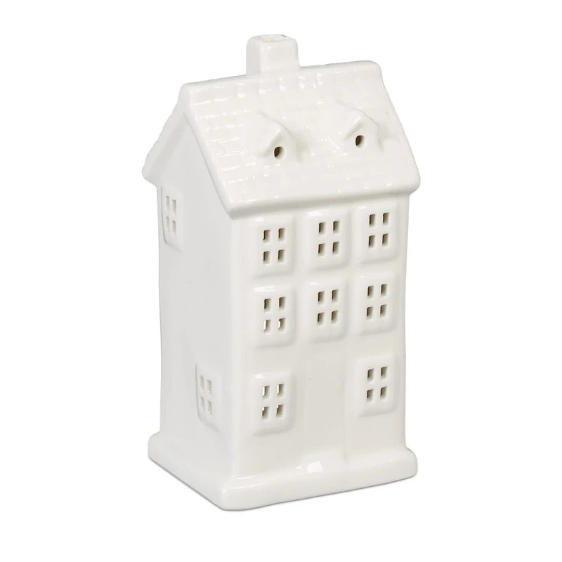 Relaxdays Tea Light House Ceramic, Light through Windows, for One Candle, HWD: 14.5 x 7 x 6 cm, Cute Table Decor, White