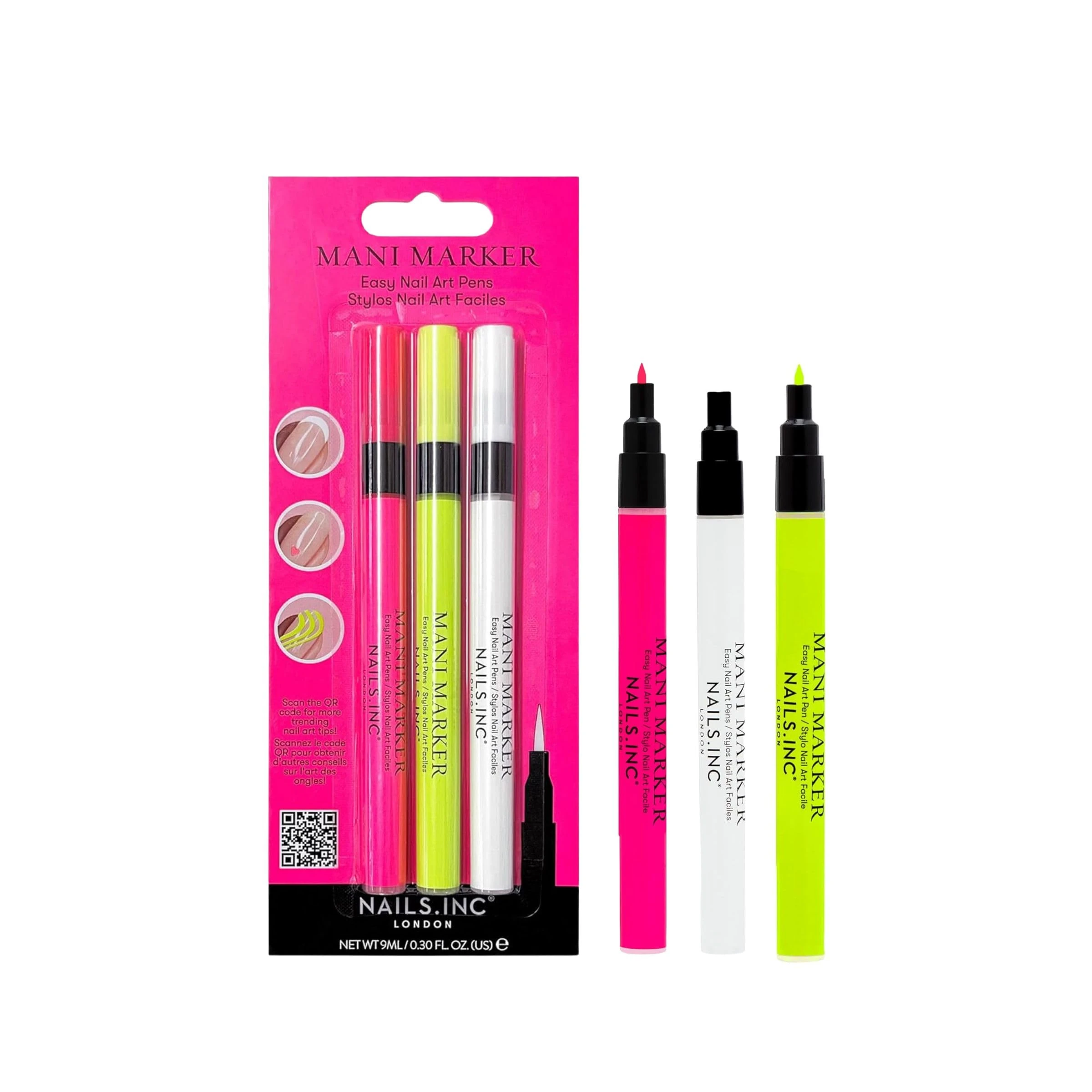 Nails.INC Neon Mani Marker Nail Art Pen Trio, DIY Nail Drawings, Fine Tip, Thin Brush, No Bleed, Manicure Tools, Drawing & Painting, Long Lasting, Vegan, Cruelty Free, Nail Art Pen 3 Piece Set