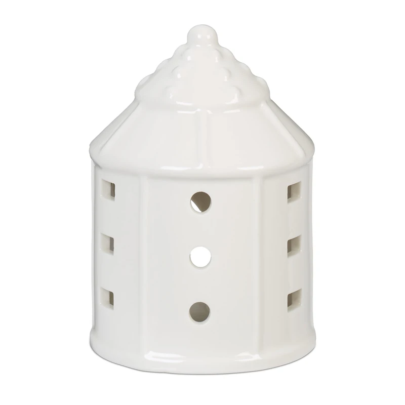 Relaxdays Tea Light House Ceramic, Windows, Porcelain Lighthouse Tower, HxWxD: 10.5 x 7.5 x 7.5 cm, Cute Decor, White - Image 1