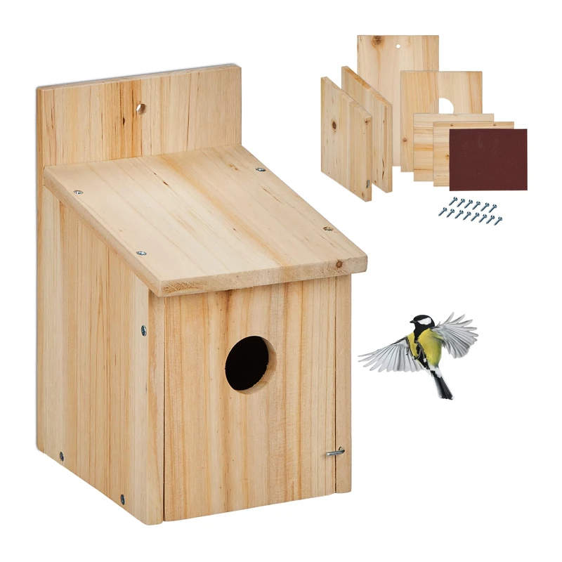 Relaxdays Nesting Box Kit, 35 mm Entrance, HWD: 23 x 14 x 18 cm, Bird House to Build Yourself, Wood, Natural