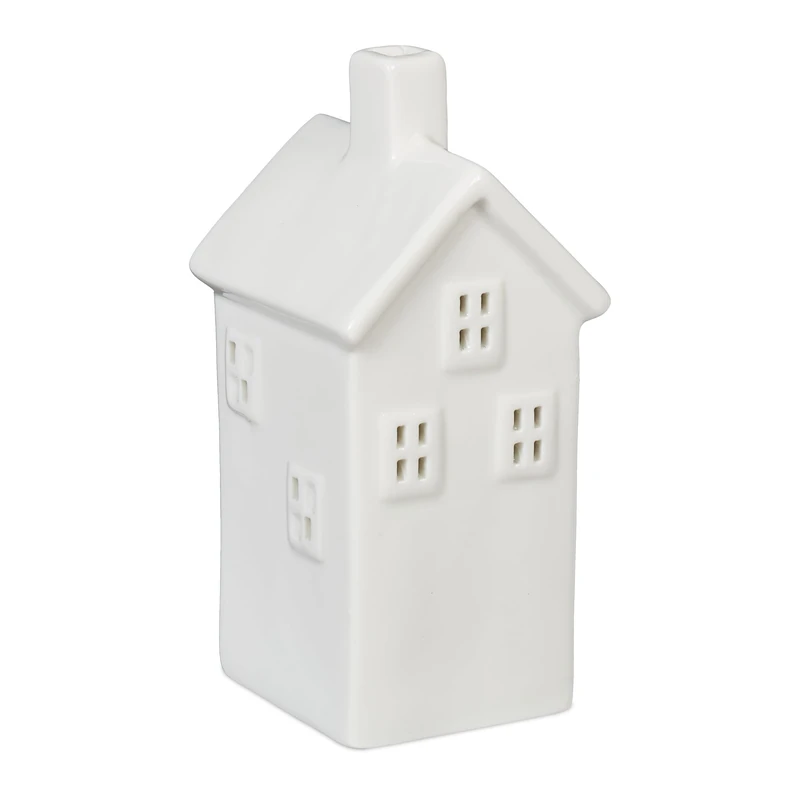 Relaxdays Tealight House Ceramic, Light through Windows, for 1 Candle, HxWxD: 14.5 x 6.5 x 7 cm, Table Decoration, White