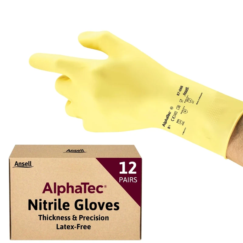 Ansell AlphaTec 87-086 Multipurpose Latex Gloves with Long Cuff, Chemical Protection and Food Safety, Reusable Kitchen Gloves, Household Cleaning and Dishwashing, Yellow, Size XL (12 Pairs)