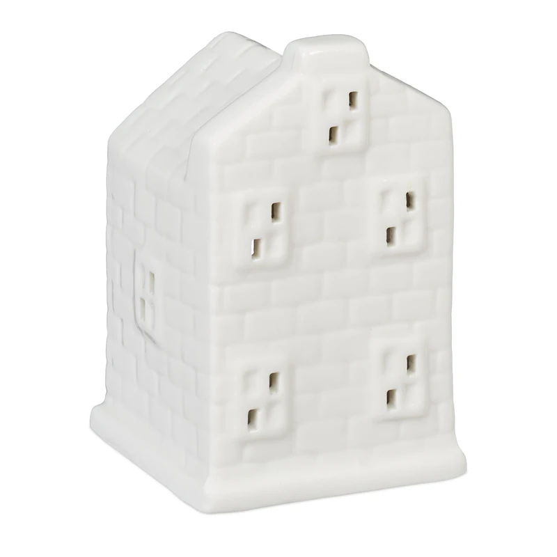 Relaxdays Tea Light House Ceramic, Light through Windows, for 1 Candle, HWD: 11 x 7 x 6.5 cm, Cute Table Decor, White