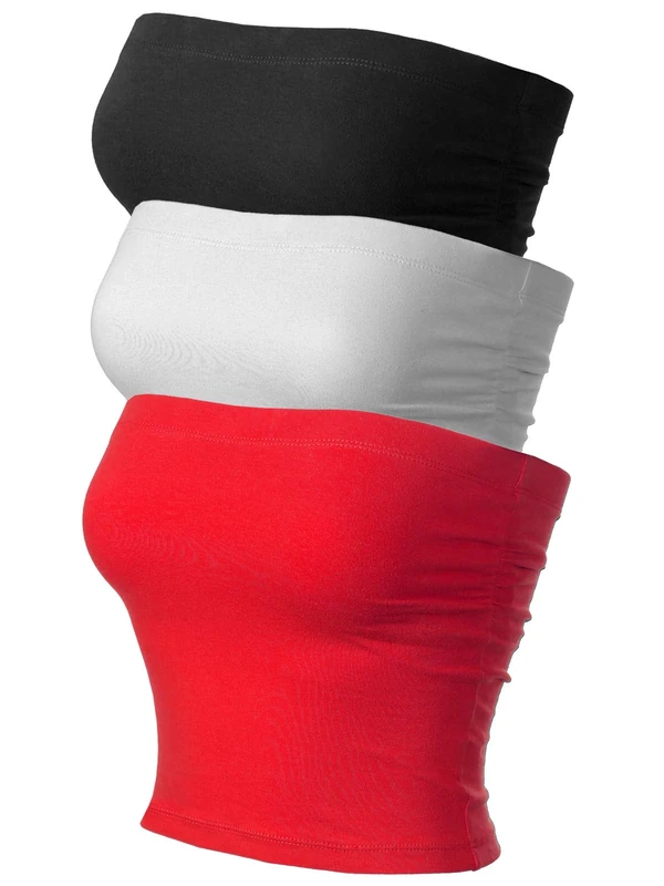 MixMatchy Women's Sexy Tube Tops Crop Tops Going Out Strapless Basic Backless Bandeau Bra Summer Outfits 2024, Pack of 3 - Black/White/Red, XS
