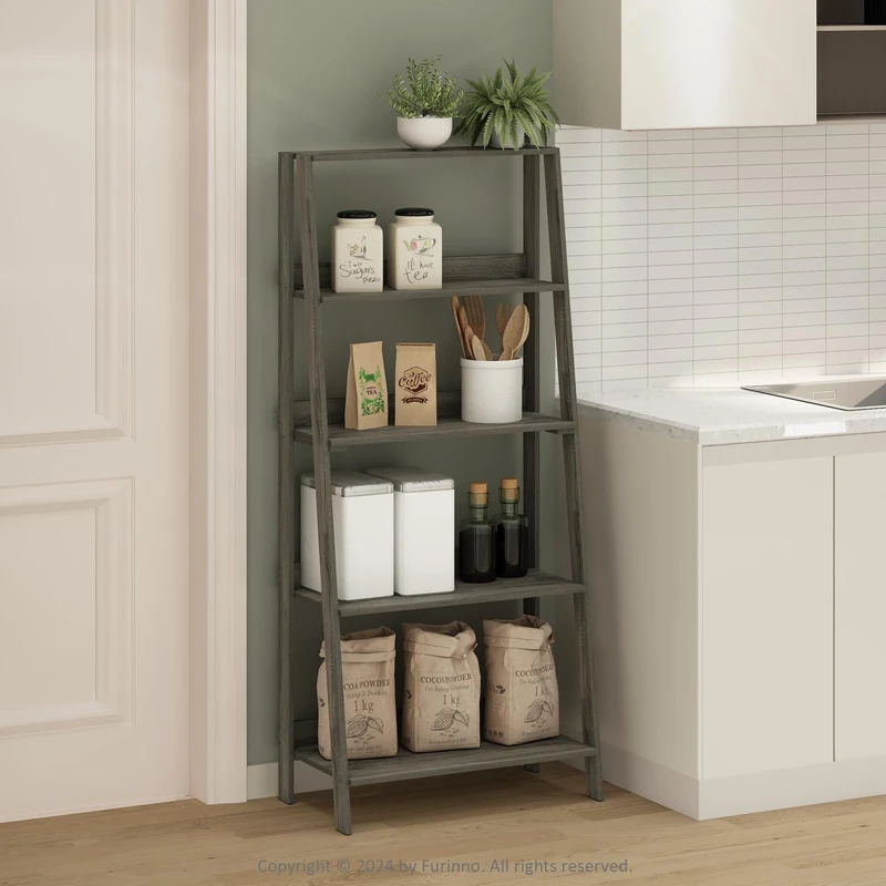 Furinno LADDER Display Shelf, 5-Tier Ladder Shelf, Ladder Bookshelf, Display Storage Shelves, 33.02 x 59.94 x 135.89 cm, for Living Room, Home Office, French Oak