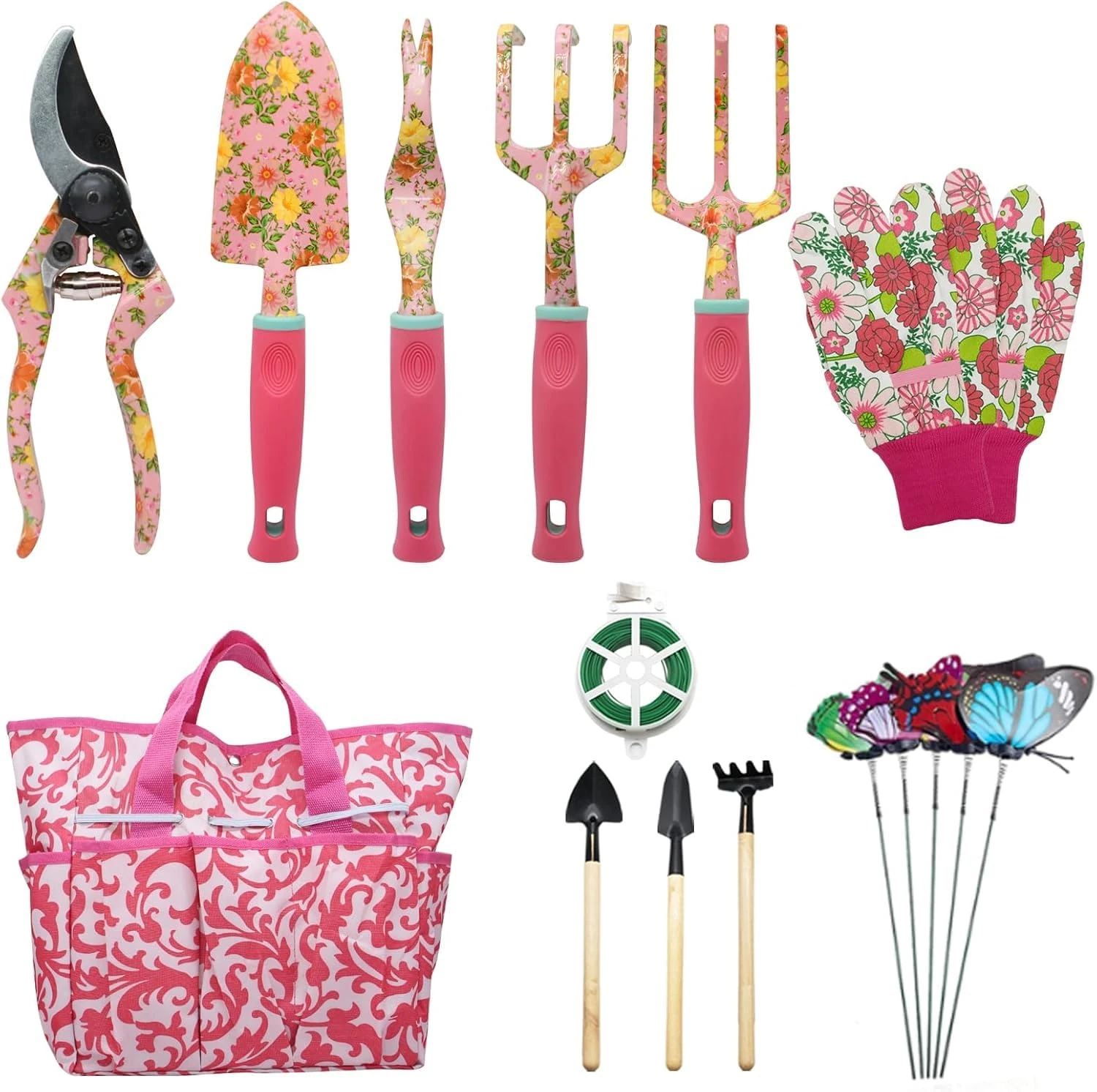 Gardening Gifts for Women, 16 PCS Garden Tools Set, Floral Garden Hand Tool Kit with Gloves, Large Handle Storage Tote, Gifts for Mother, Lady, Christmas, Birthday