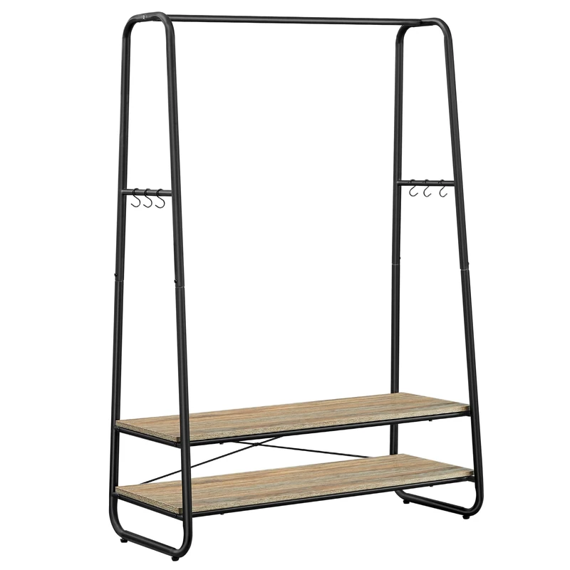 VASAGLE Clothes Rail, Clothes Rack with 2 Shelves, 6 S-Shaped Hooks, Steel Frame, for Bedroom, Turquoise Brown and Matte Black RGR112K01
